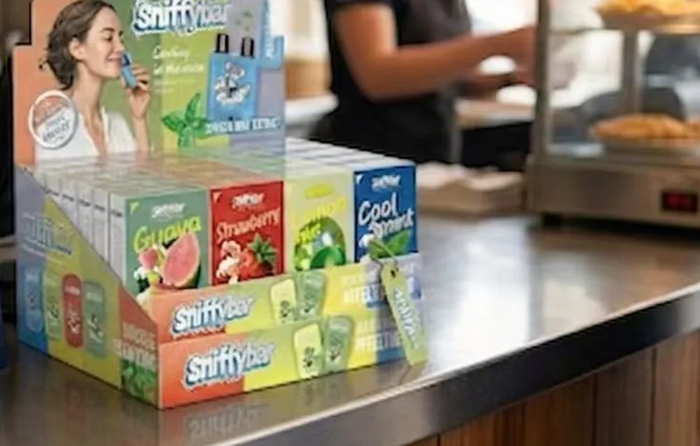 The Sniffybar display carton sitting on a cafe counter beside the till