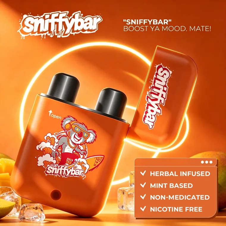 Sniffybar Mango Magic with the lid flipped open, showing both nozzles