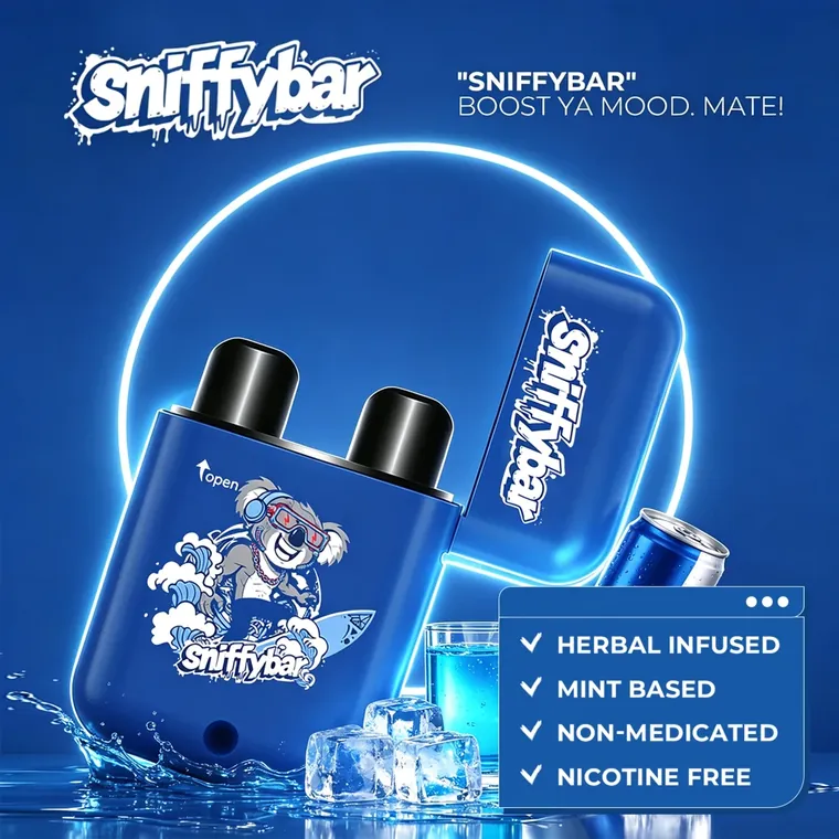 Sniffybar Red Energy with the lid flipped open, showing both nozzles