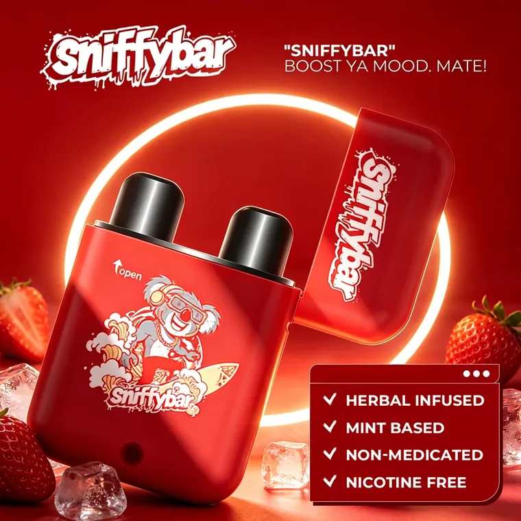 Sniffybar Strawberry Ice with the lid flipped open, showing both nozzles